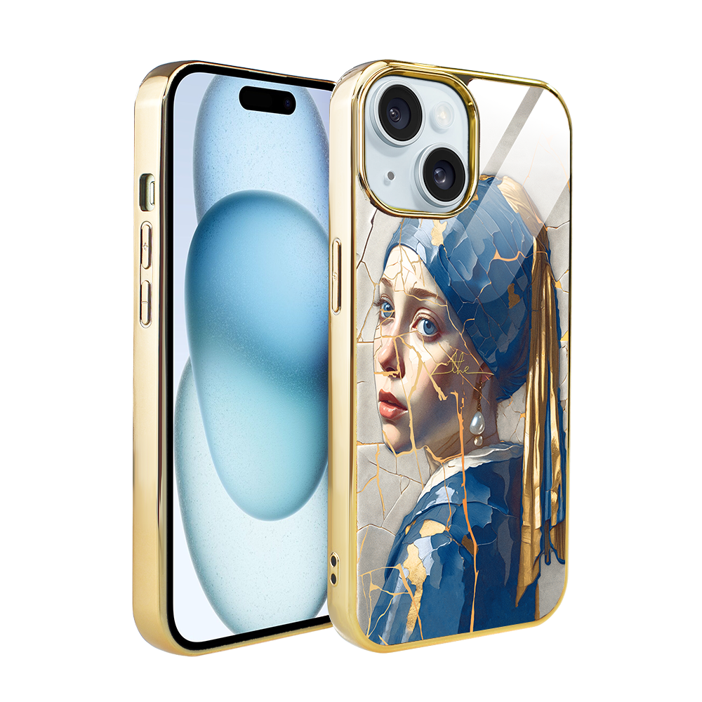 Iphone 15 Ibizu Elite Glashülle, Glasrückseite, Kintsugi-kunst, Frau Mit Perle, Gold