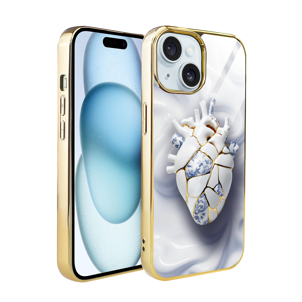 Iphone 15 Ibizu Elite Glashülle, Glasrückseite, Kintsugi-kunst, Porzellanherz, Gold