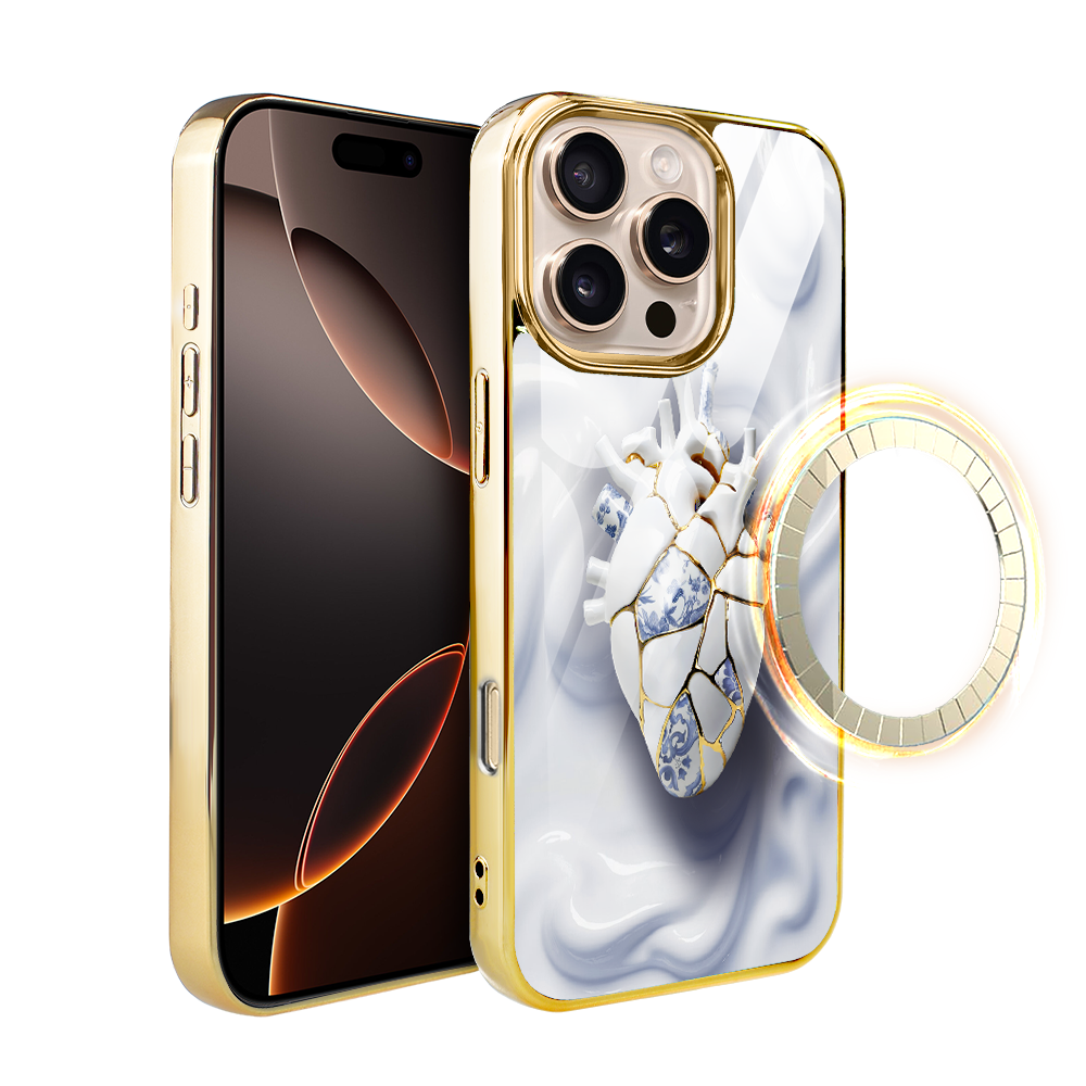 Iphone 16 Pro Ibizu Elite Glashülle Mit Magsafe, Kintsugi Art, Porzellanherz, Gold