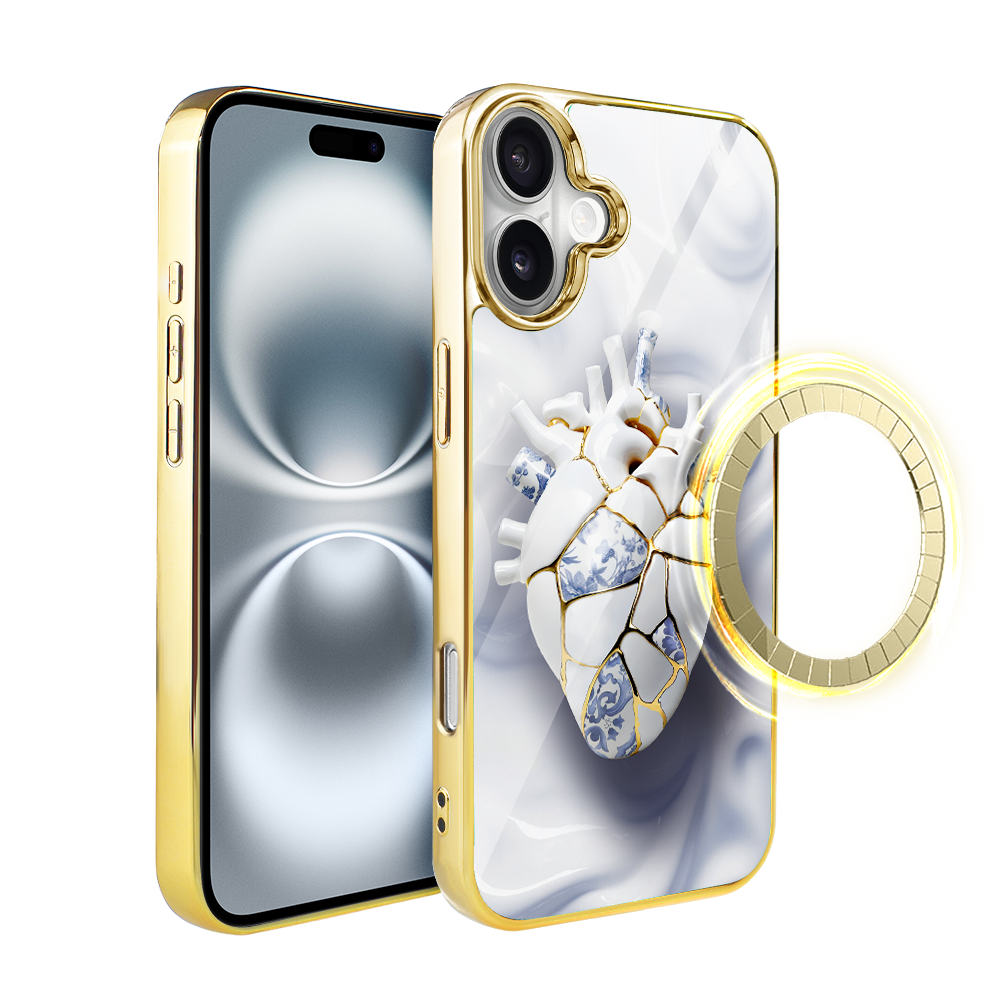 Iphone 16 Ibizu Elite Glashülle Mit Magsafe, Kintsugi-kunst, Porzellanherz, Gold