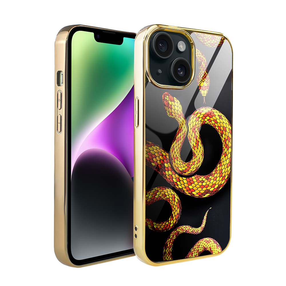 Iphone 14 Ibizu Elite Glashülle, Glasrückseite, Schlangenmuster Mit Gold, Gold