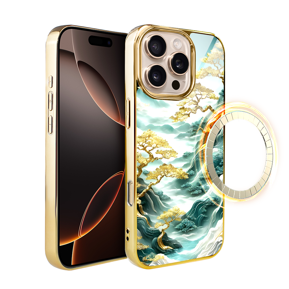 Iphone 16 Pro Ibizu Elite Glashülle Mit Magsafe, Glasrückseite, Goldenen Bäumen Im Japanischen Stil, Gold