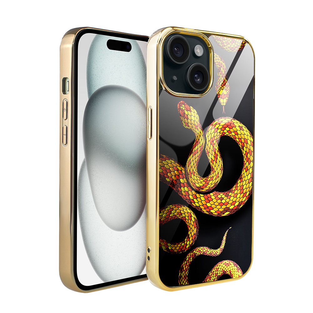 Iphone 15 Ibizu Elite Glashülle, Glasrückseite, Schlangenmuster Mit Gold, Gold