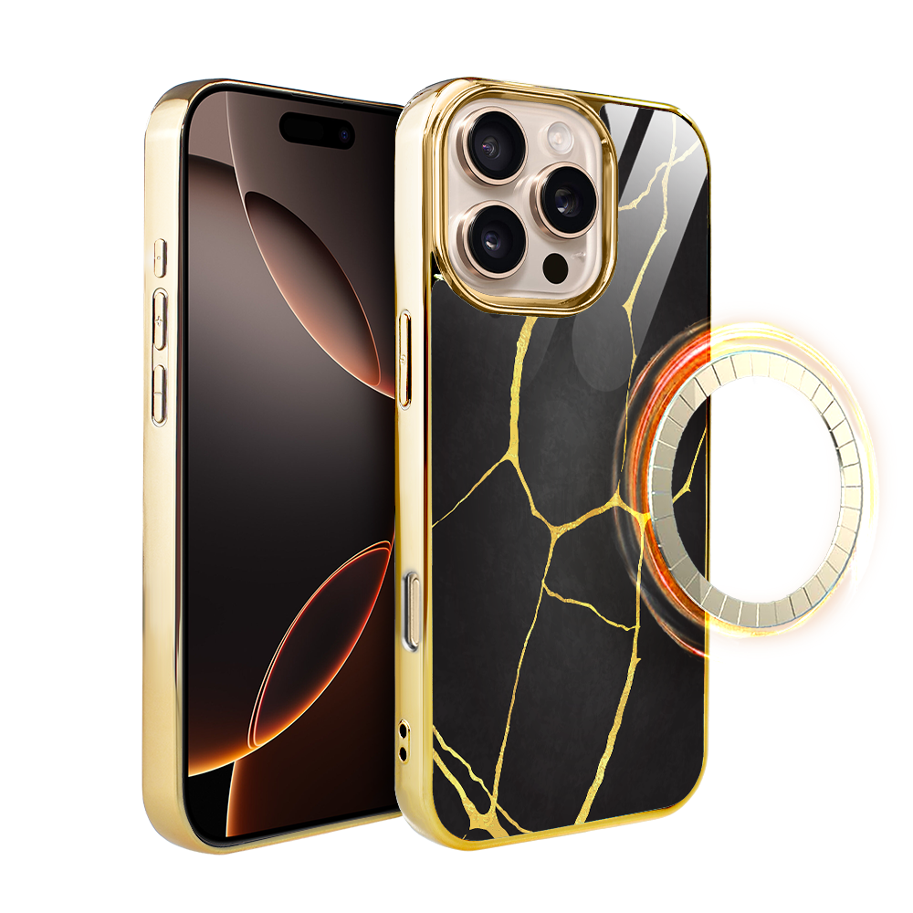 Iphone 16 Pro Ibizu Elite Glashülle Mit Magsafe, Kintsugi, Schwarzes Porzellan, Gold