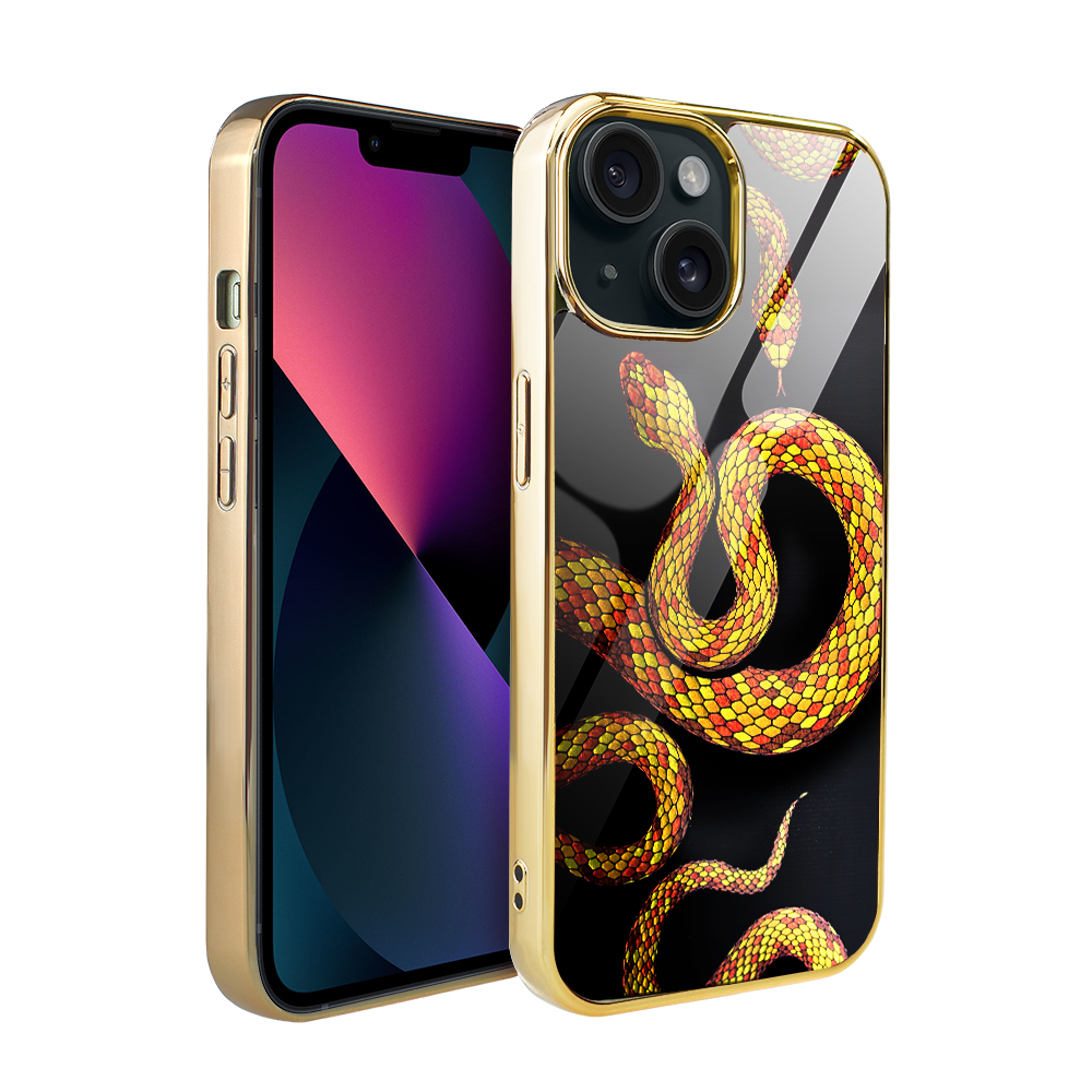 Iphone 13 Ibizu Elite Glashülle, Glasrückseite, Schlangenmuster Mit Gold, Gold
