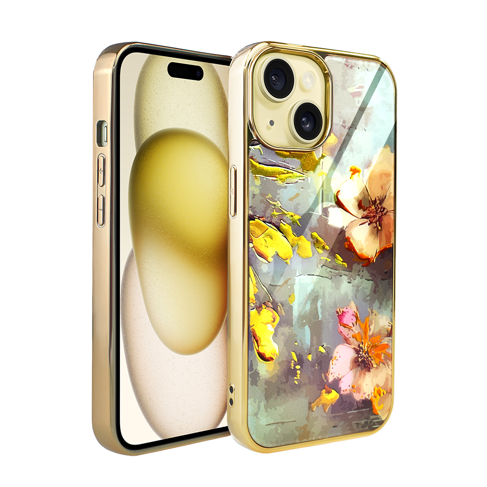 Iphone 15 Ibizu Elite Glashülle, Glasrückseite, Blumen Mit Gold, Gold