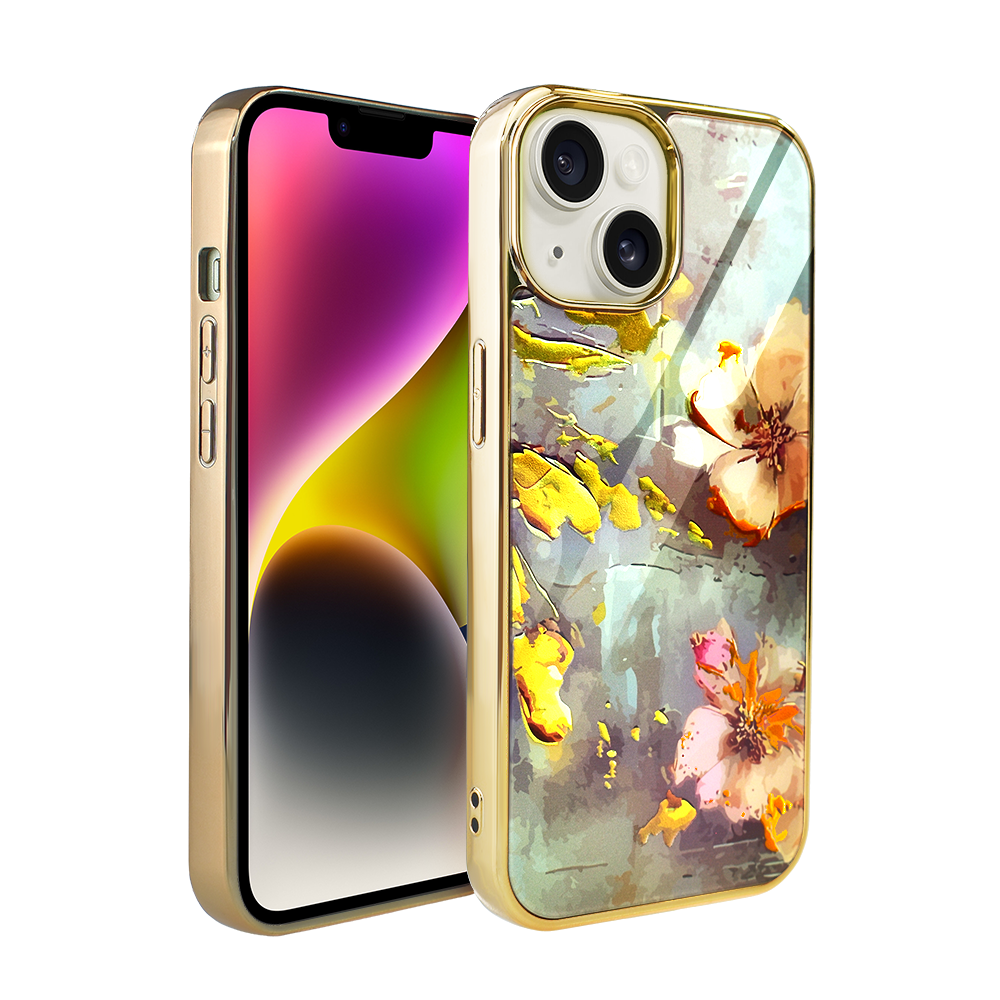 Iphone 14 Ibizu Elite Glashülle, Glasrückseite, Blumen Mit Gold, Gold