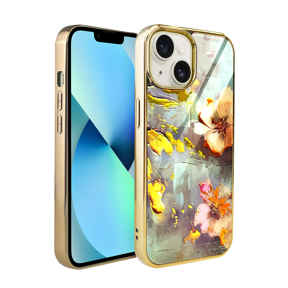Iphone 13 Ibiza Elite Glashülle, Glasrückseite, Blumenmuster Mit Gold, Gold