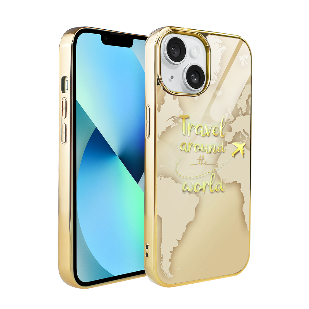 Iphone 13 Ibizu Elite Glass 3d Hülle, Glasrückseite, Goldene Weltkarte Mit Der Aufschrift „reise Um Die Welt“, Gold