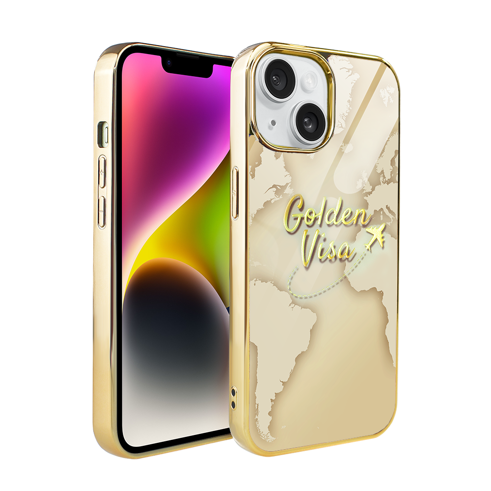 Iphone 14 Ibizu Elite Glass 3d Hülle, Glasrückseite, Goldene Weltkarte Mit Golden Visa Schriftzug, Gold