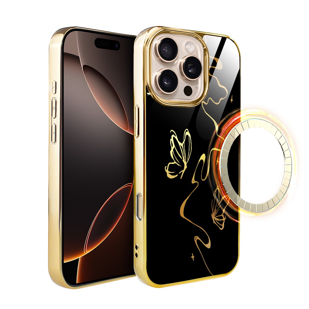 Iphone 16 Pro Max Ibizu Elite Glashülle Mit Magsafe, Glasrückseite, Golden Midnight, Schmetterlingseffekt, Gold