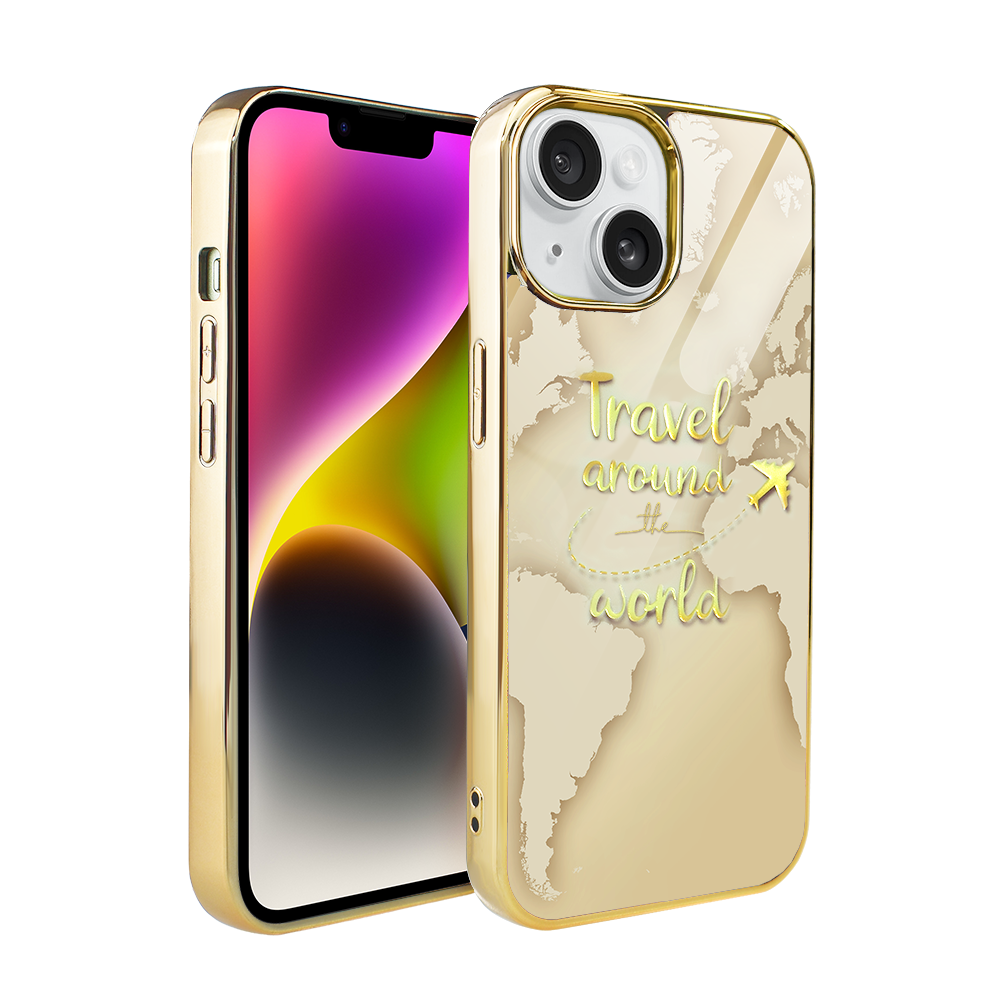 Iphone 14 Ibizu Elite Glass 3d Hülle, Glasrückseite, Goldene Weltkarte Mit Der Aufschrift „reise Um Die Welt“, Gold