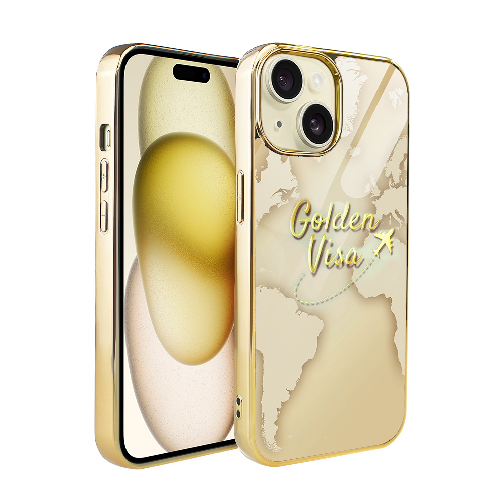 Iphone 15 Ibizu Elite Glass 3d Hülle, Glasrückseite, Goldene Weltkarte Mit Golden Visa Schriftzug, Gold