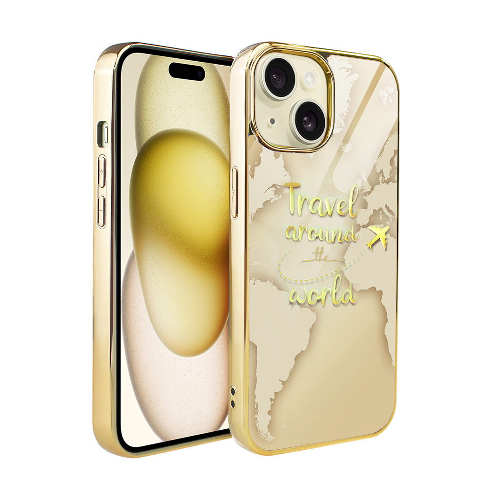 Iphone 15 Ibizu Elite Glass 3d Hülle, Glasrückseite, Goldene Weltkarte Mit Der Aufschrift „reise Um Die Welt“, Gold