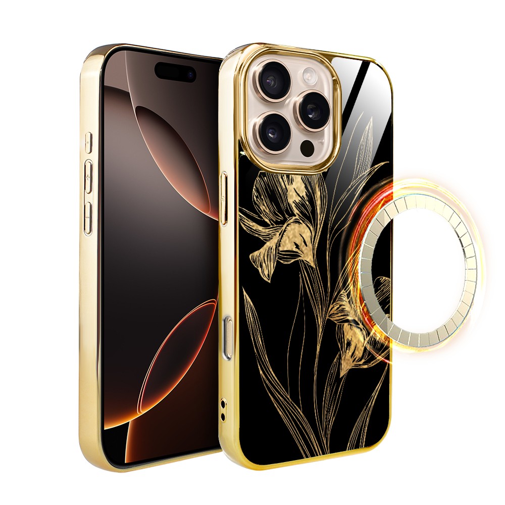 Hülle Für Iphone 16 Pro Ibizu Elite Glass Mit Magsafe, Glasrückseite, Golden Midnight, Royal Irises, Gold