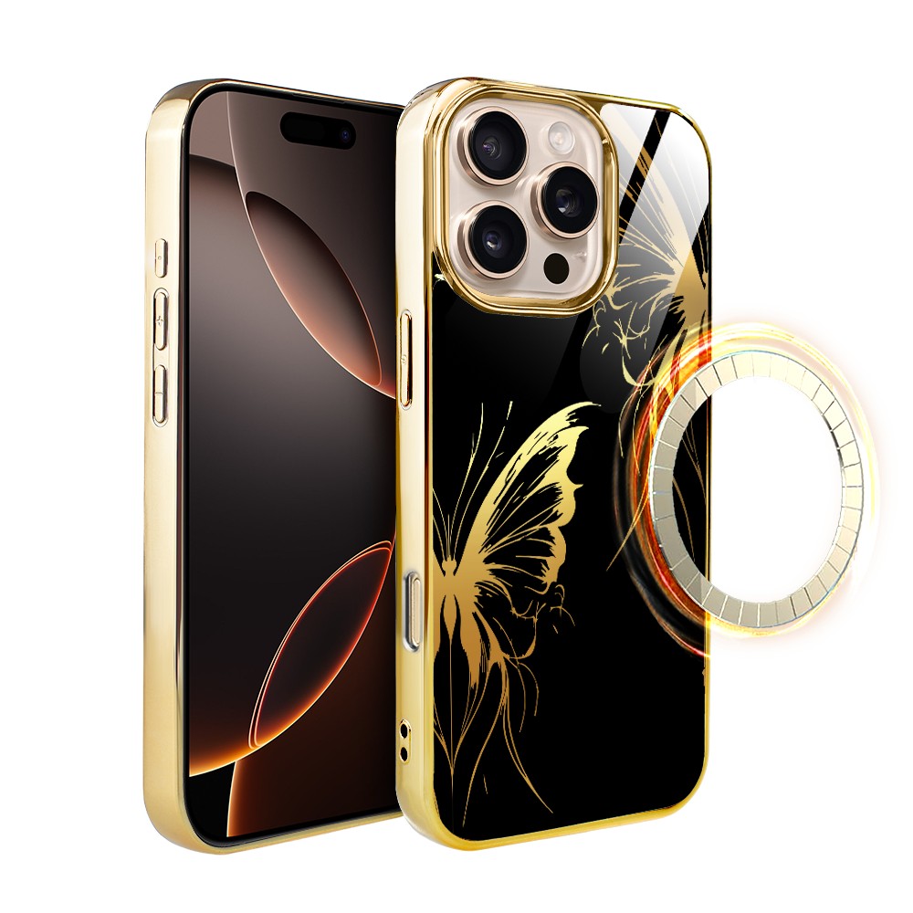 Iphone 16 Pro Max Ibizu Elite Glashülle Mit Magsafe, Glasrückseite, Golden Midnight, Schmetterlingsflügel, Gold