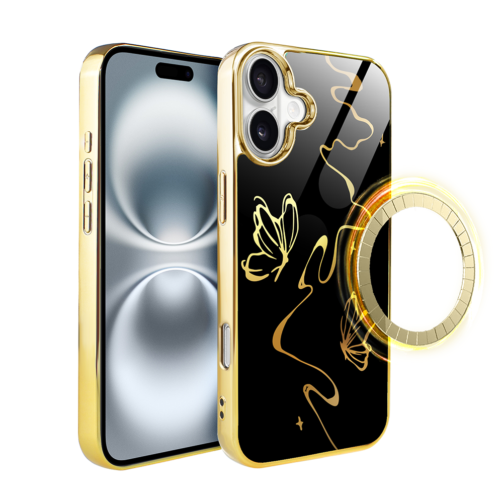 Iphone 16 Plus Ibizu Elite Glashülle Mit Magsafe, Glasrückseite, Golden Midnight, Schmetterlingseffekt, Gold