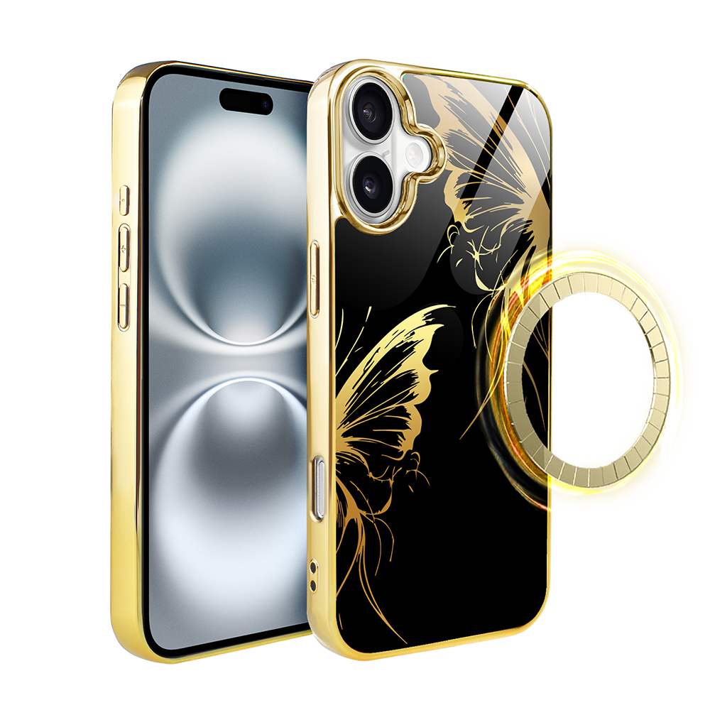 Iphone 16 Plus Ibizu Elite Glashülle Mit Magsafe, Glasrückseite, Golden Midnight, Schmetterlingsflügel, Gold