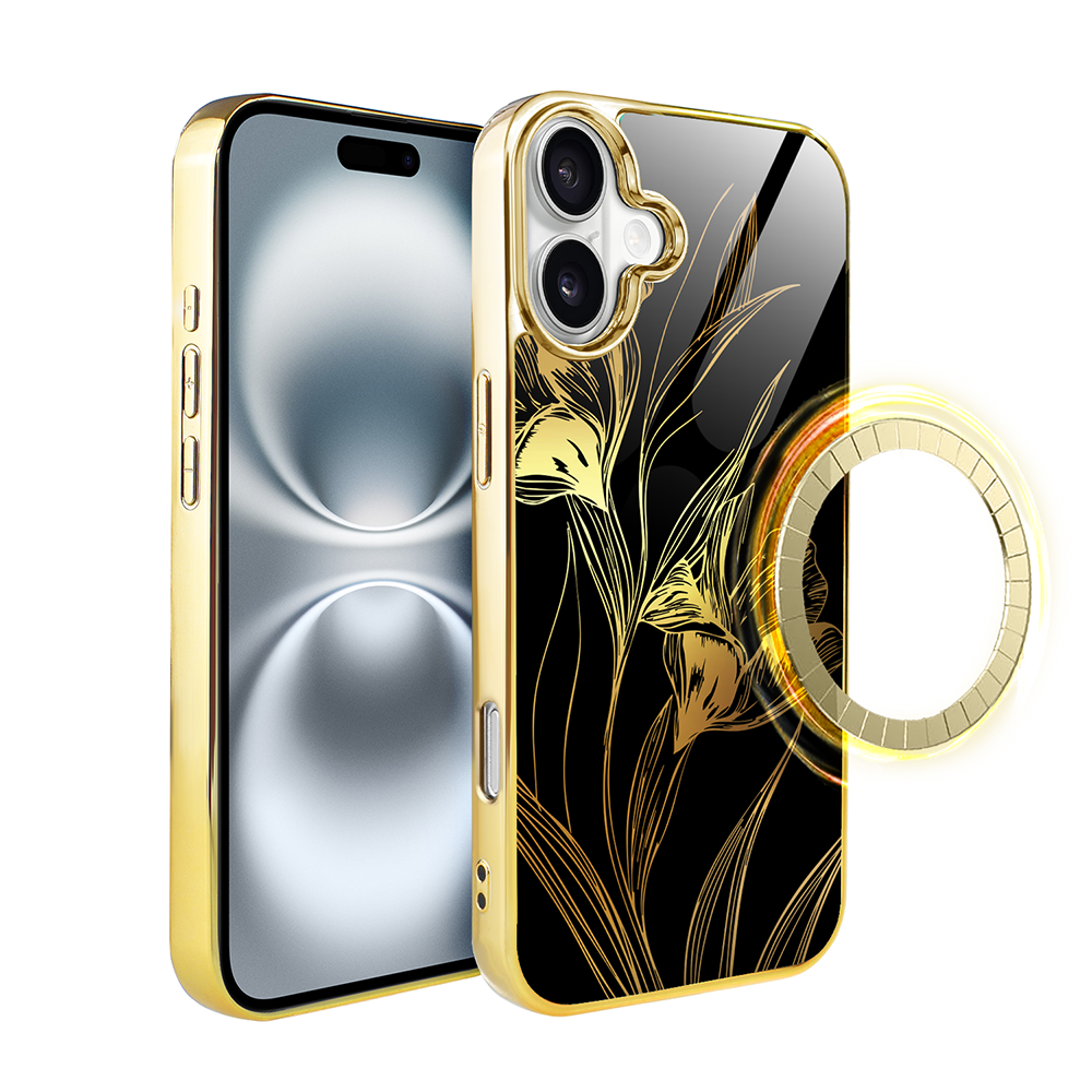 Iphone 16 Ibizu Elite Glashülle Mit Magsafe, Glasrückseite, Golden Midnight, Royal Irises, Gold