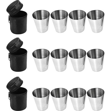 Schnapsgläser, 12-teiliges Set Aus Edelstahl, Inklusive 3 Lederetuis, Ideal Für Reisen, Camping, Bier, Whisky, Rum, Cognac Und Kaffee.