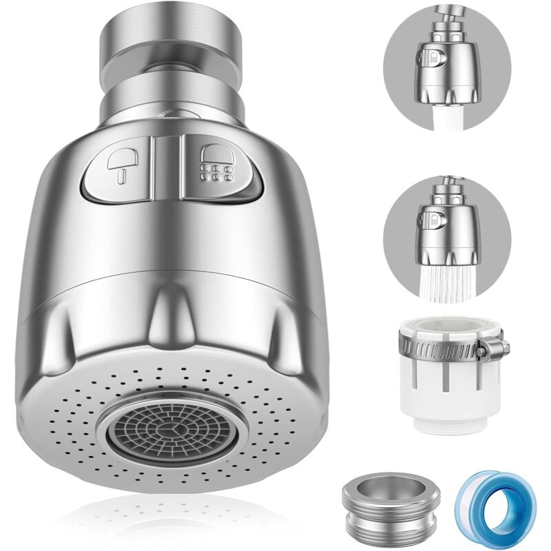2-teiliger Wasserhahn-belüfter, 360° Drehbarer Wasserhahn-belüfter, Wassersparender Wasserhahn-filterregler-sprühkopf Für Küche Und Bad, 2 Modi, Silber