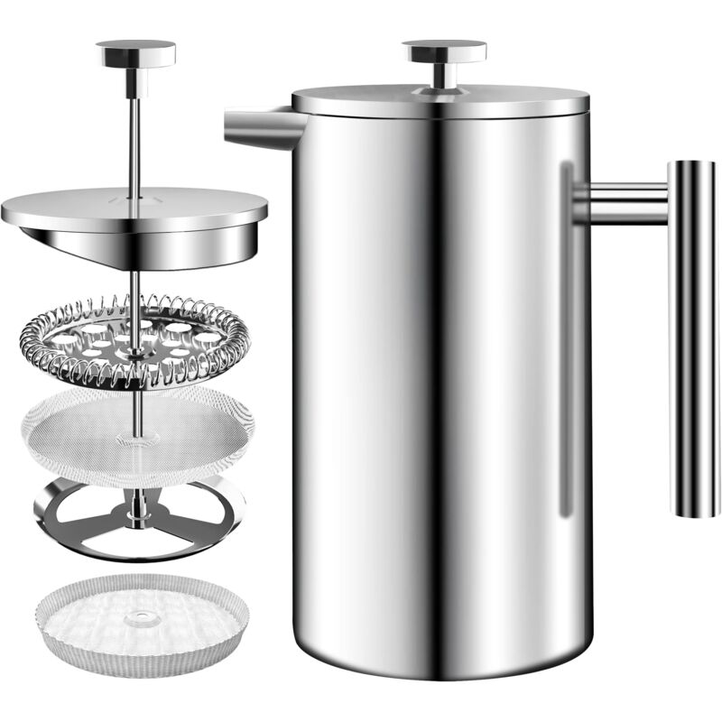 Kaffeemaschine Aus Edelstahl – Espresso- Und Teemaschine Mit Dreifachfiltern – Hitzebeständiges Glas Mit Stahlkolben – Tragbare Kaffeemaschine – 34 Oz (1,0 Liter) – Silber
