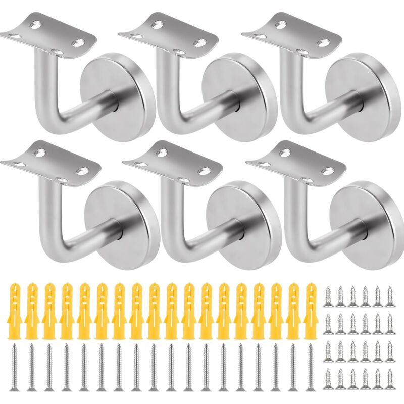 Set Mit 6 Edelstahl-handlaufhalterungen, Treppengeländerstützen, Treppengeländerhalterungen, Robust, Silber, 60 X 60 Mm, Für Den Innen- Und Außenbereich