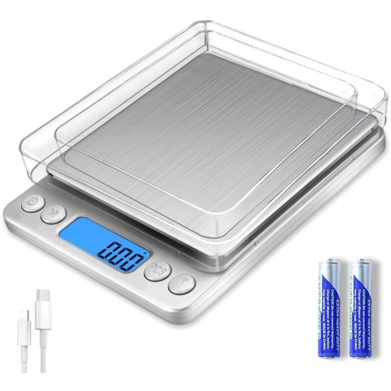 Digitale Küchenwaage 500 G/0,01 G, 0,01 G Genauigkeit, Silberfarben, Mit Usb-ladegerät, Für Schmuck Und Backwaren