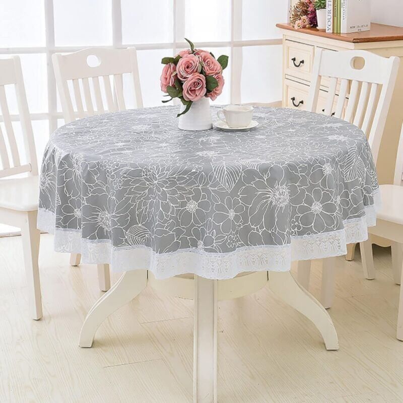 (grau, 220 Cm) Runde Pvc-wachstuchtischdecke Mit Blumen- Und Spitzenmuster, Runde, Fleckenabweisende Und Wasserdichte Tischdecke, Wachstuchtischdecke Für Esszimmer, Garten, Café Und Partys