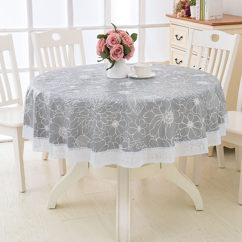 (grau, 152 Cm) Runde Pvc-wachstuch-tischdecke, Mit Blumen- Und Spitzenmuster, Wasserfest Und Schmutzabweisend, Runde Tischdecke, Wachstuch-esstischabdeckung, Für Esszimmer, Garten, Café, Party
