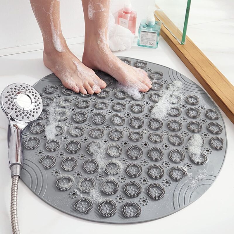Rutschfeste Pvc-duschmatte Fürs Badezimmer, 55 Cm Rund, Schnelltrocknend, Wasserabweisend, Mit Saugnapf (grau)