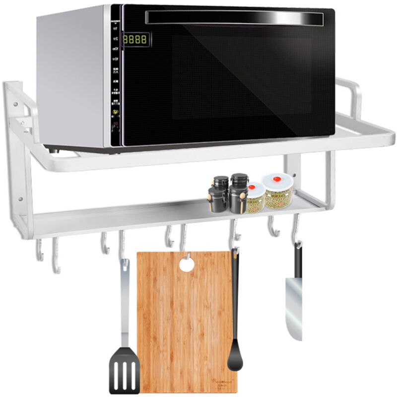 Wandmontiertes Mikrowellenregal – 2 Ebenen – Silbernes Aluminium – Für Mikrowellenherde – Wandhalterung Mit 10 Haken