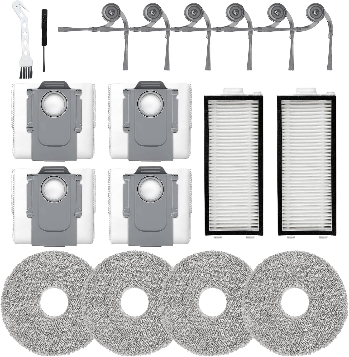 Kit D'Accessoires De 18 Pièces Pour L'Aspirateur Roborock Saros Z70 : 2 Filtres, 4 Chiffons De Nettoyage, 6 Brosses Latérales, 4 Sacs À Poussière, 1 Outil De Nettoyage, 1 Tournevis.
