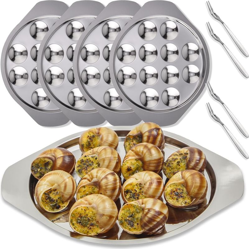 Schneckenteller, 4-teilig – 12 Löcher, Edelstahl, Schneckenschale – Austernteller, Pilzteller, Metall-schnecken-servierset, Schneckenbesteck