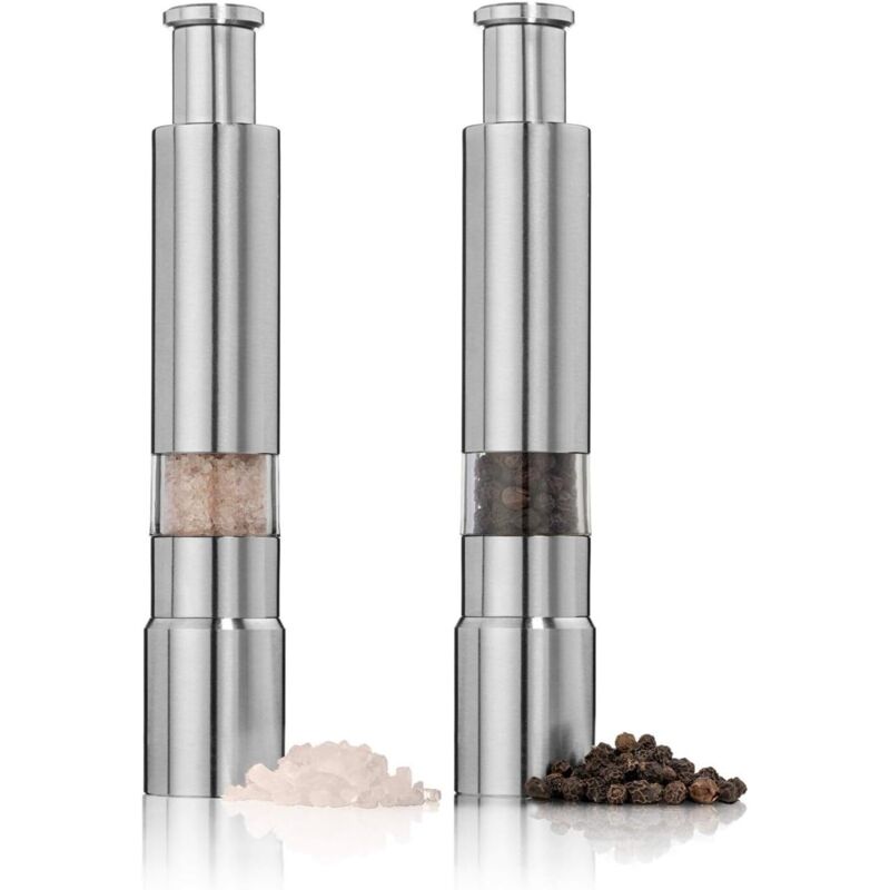 Set Aus 2 Salz- Und Pfeffermühlen, Edelstahl-druckknopfmühle, Modernes Daumenmühlen-design, Für Schwarzen Pfeffer, Meersalz Und Himalaya-salz, Gewürze Und Salz