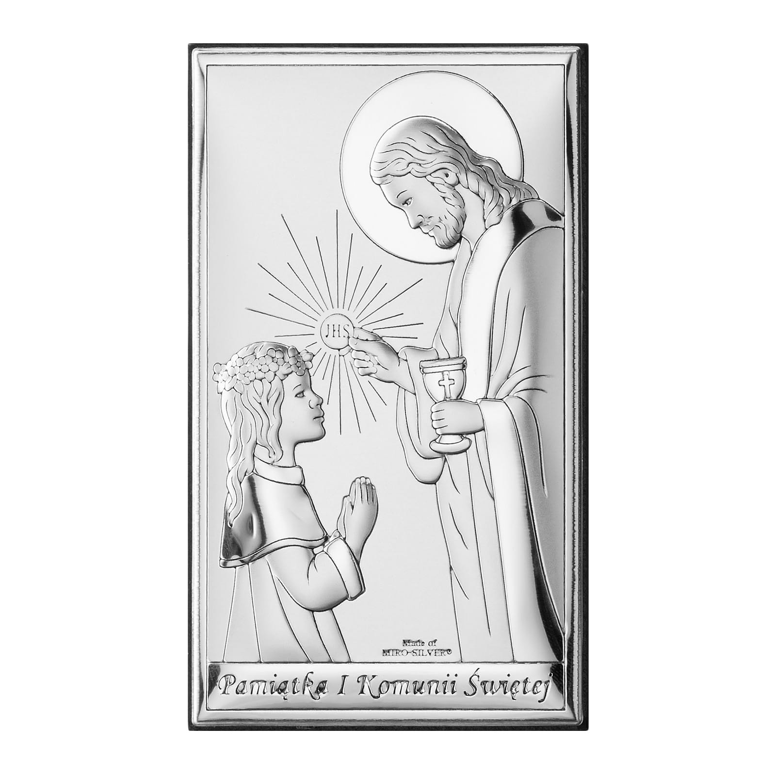 Silbernes Bildnis Des Herrn Jesus Mit Einem Mädchen, Erinnerungsstück An Die Erstkommunion + Kupferstich 761 6 X 11 Cm