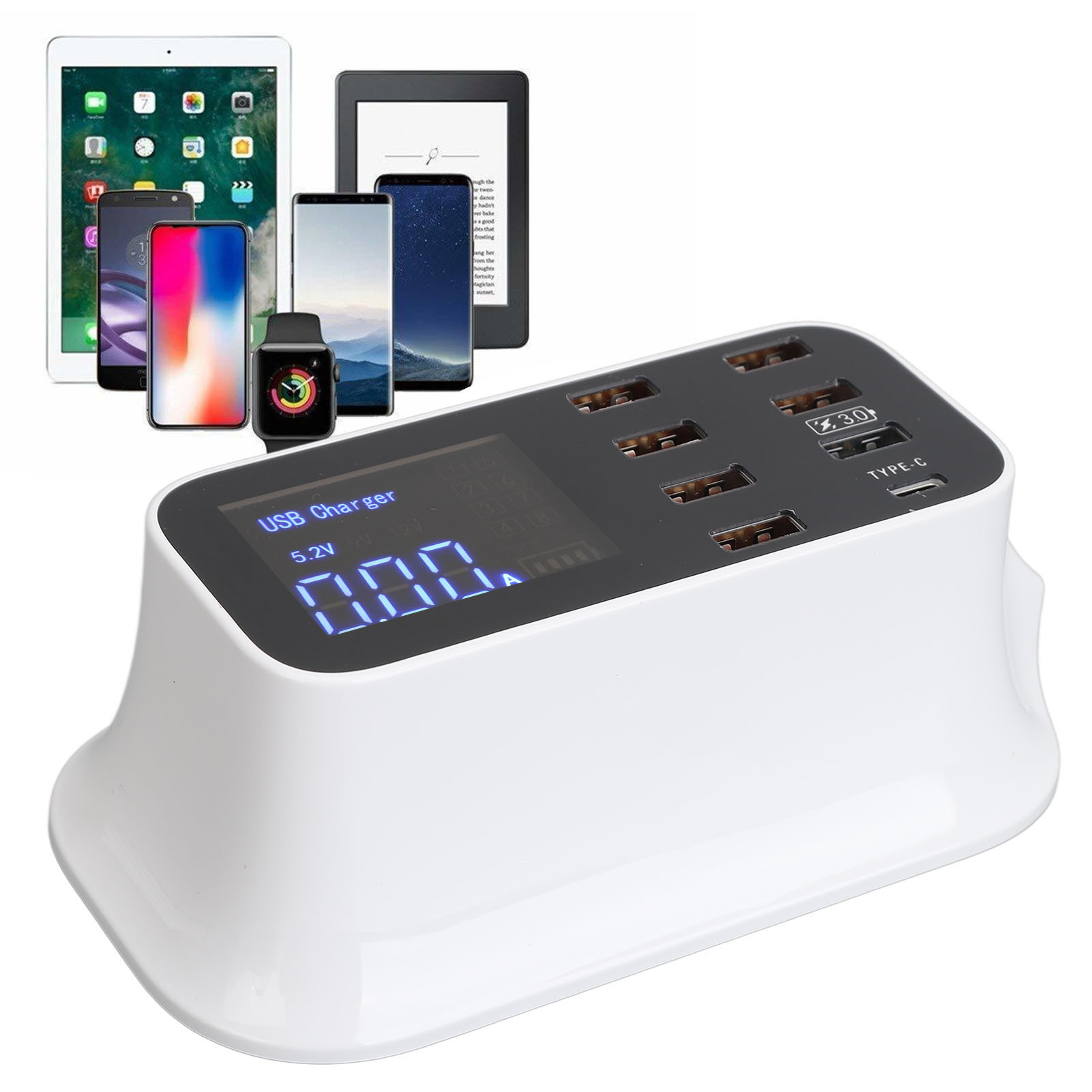 8-port-usb-ladestation, Ladehub, 40 W, Usb 3.0, Typ C, Led-anzeige, Schutzschaltung Für Smartphones Und Tablets, 100–240 V, Eu-stecker