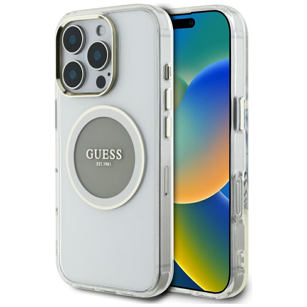 Guess Iml Magsafe Hülle Mit Metallisch-farbigem Kreis-logo Für Iphone 16 Pro, Grau