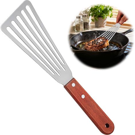 Edelstahlspatel Mit Schlitzen – Küchenutensil Mit Holzgriff Zum Wenden Von Fisch, Fleisch, Eiern Und Pfannkuchen, 16 Cm Klinge Und 28 Cm Lang – Abgeschrägtes Design