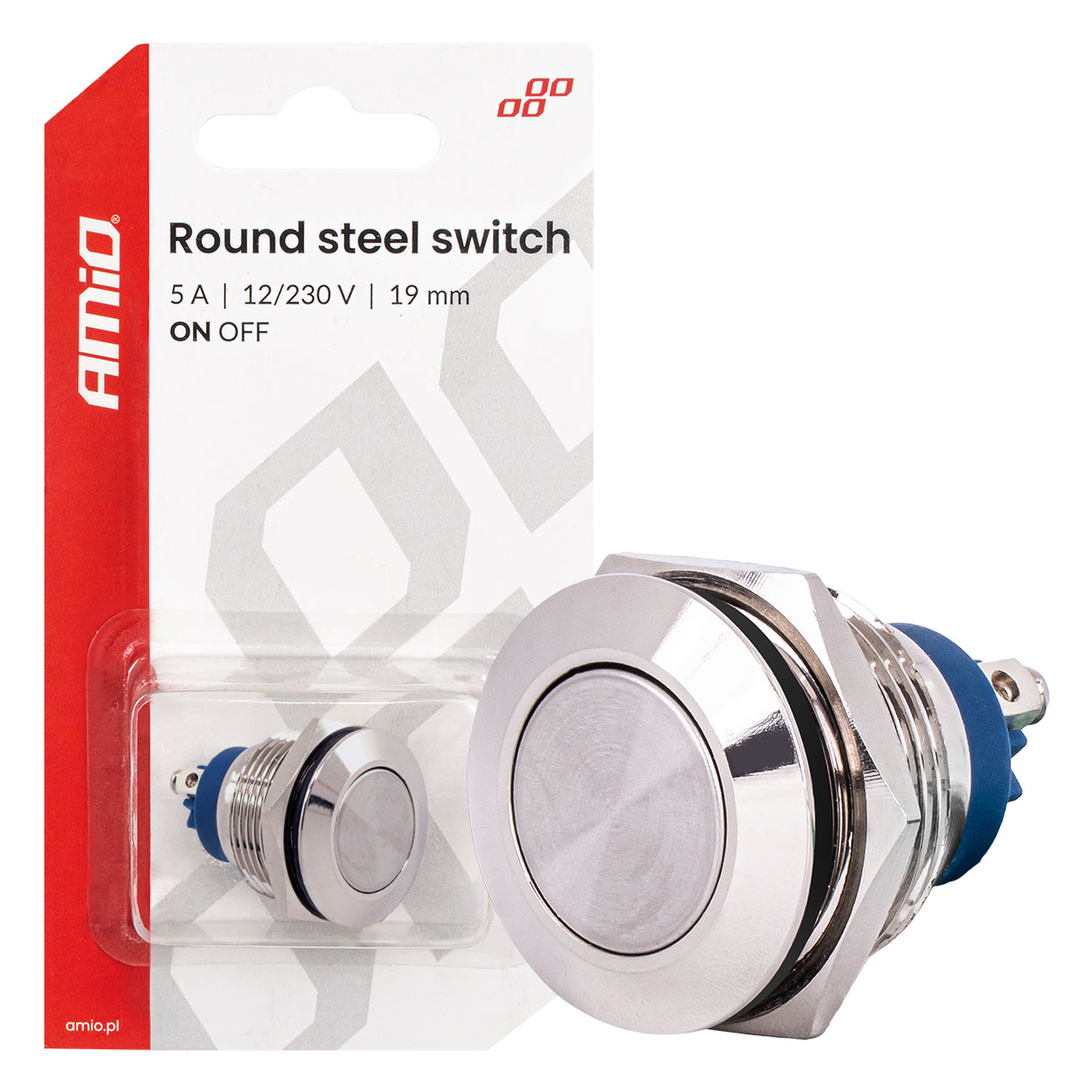 Runder Flachschalter Aus Stahl, Ein/aus, 19 Mm, 5 A, 12/230 V, Amio-04474