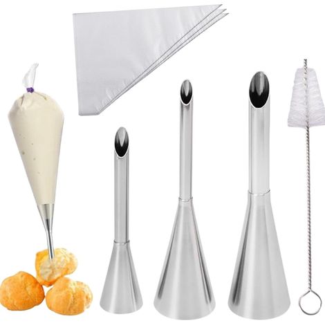 Set Mit 54 Spritztüllen, 50 Spritzbeuteln Und Einer Reinigungsbürste Lange Edelstahltüllen Zum Befüllen Von Kuchen, Sahne, Marmelade Und Donuts Mit Spritzbeuteln.