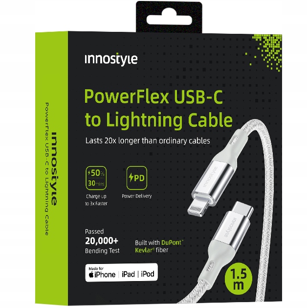 Innostyle Powerflex Usb-c Lightning-kabel Mfi-schnellladefunktion Für Iphone, Kevlar, 2 M, Silber