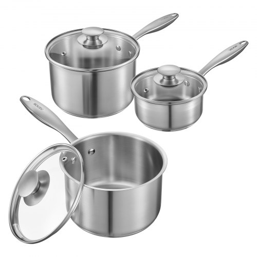 Kochtopf Soßentopf Set (0,95+1,89+2,84 L) Mit Glasdeckel, Suppentopf Gemüsetopf Mit Ergonomischem Griff, Milchtopf Aus Edelstahl Gemüsetopf, Silber Mehrzwecktopf Spülmaschinengeeignet