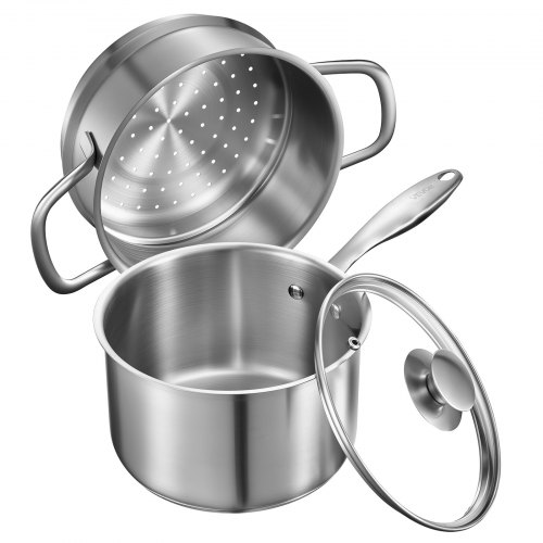 Kochtopf Großraumtopf 2,37 L Mit Glasdeckel & Dampfschicht, Suppentopf Gemüsetopf Mit Ergonomischem Griff, Milchtopf Aus Edelstahl Gemüsetopf Silber Spülmaschinengeeignete Soßentopf