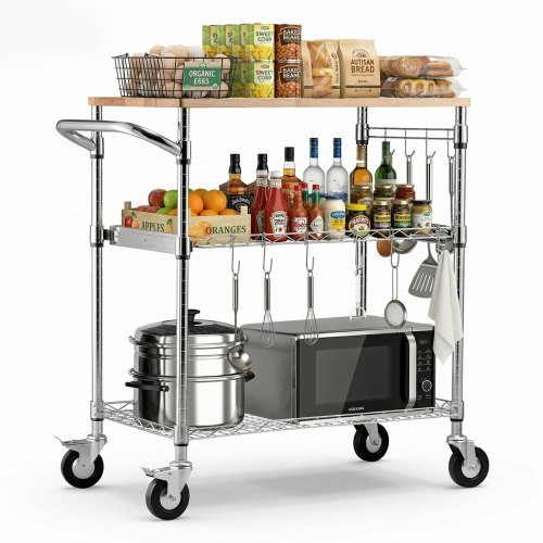Küchenwagen Mit 3 Ebenen, Schwerlast-servierwagen Bis 300 Kg, Rollwagen Mit Höhenverstellbaren Drahtablagen, Griff & Arbeitsplatte, Metallregal Auf Rollen Für Küche, Garage, 762 X 457 X 914 Mm