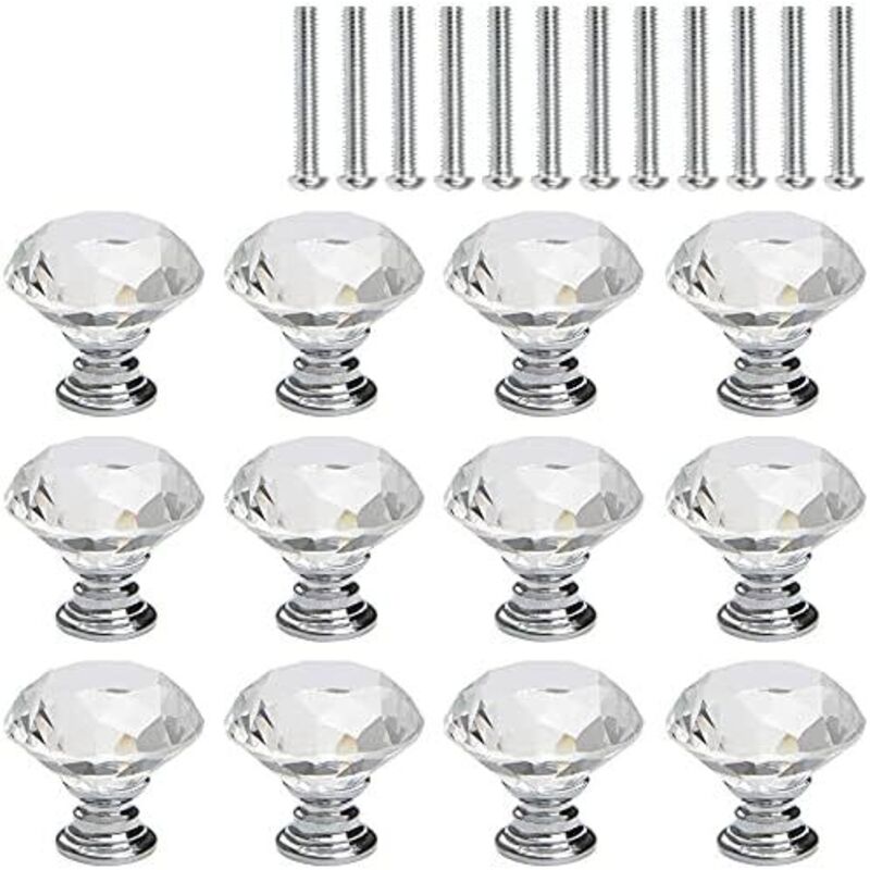 12 Stück Kristall-schrankknäufe, Schrank-, Schubladen- Und Türknaufgriffe, Transparenter Kristallglas-diamant, Silberne Basis