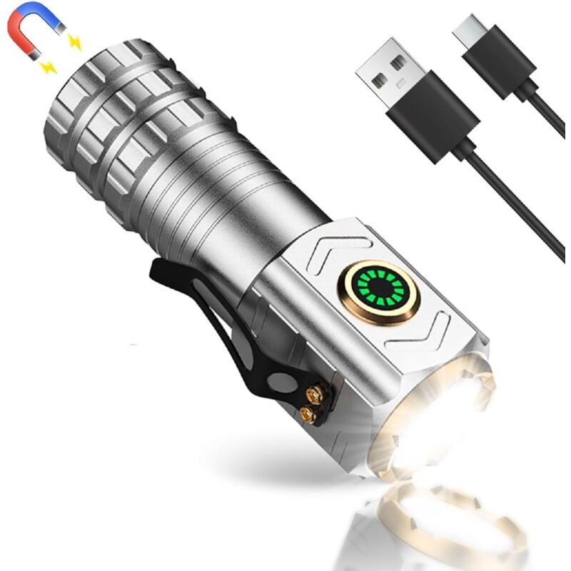 1600 Lumen, Silberfarbene, Kleine, Wiederaufladbare Led-taschenlampe, 5 Leuchtmodi, Ultra-leistungsstarke Led-taschenlampe, Mini-magnet-taschenlampe Mit Clip, Wasserdicht, Beleuchtung Für Camping, Not