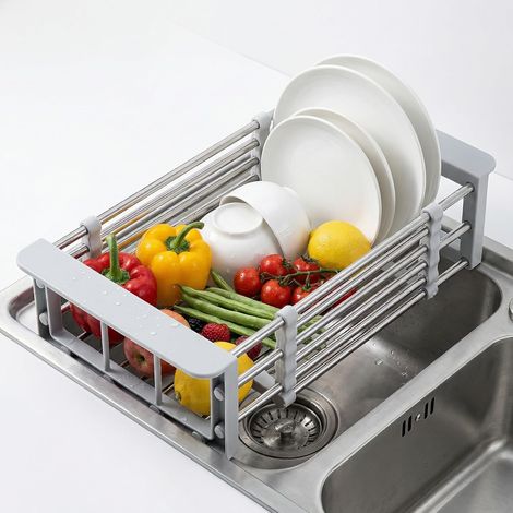 Verstellbarer Abtropfkorb Aus Edelstahl Mit Abtropfschale Für Geschirr, Gemüse Und Obst, 29 X 17 Cm, Küchenkorb Zur Verwendung Auf Oder In Der Spüle