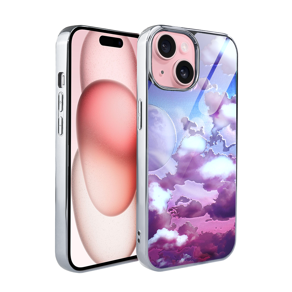 Iphone 15 Ibizu Elite Glashülle, Glasrückseite, Wolken- Und Mondmotiv, Silber