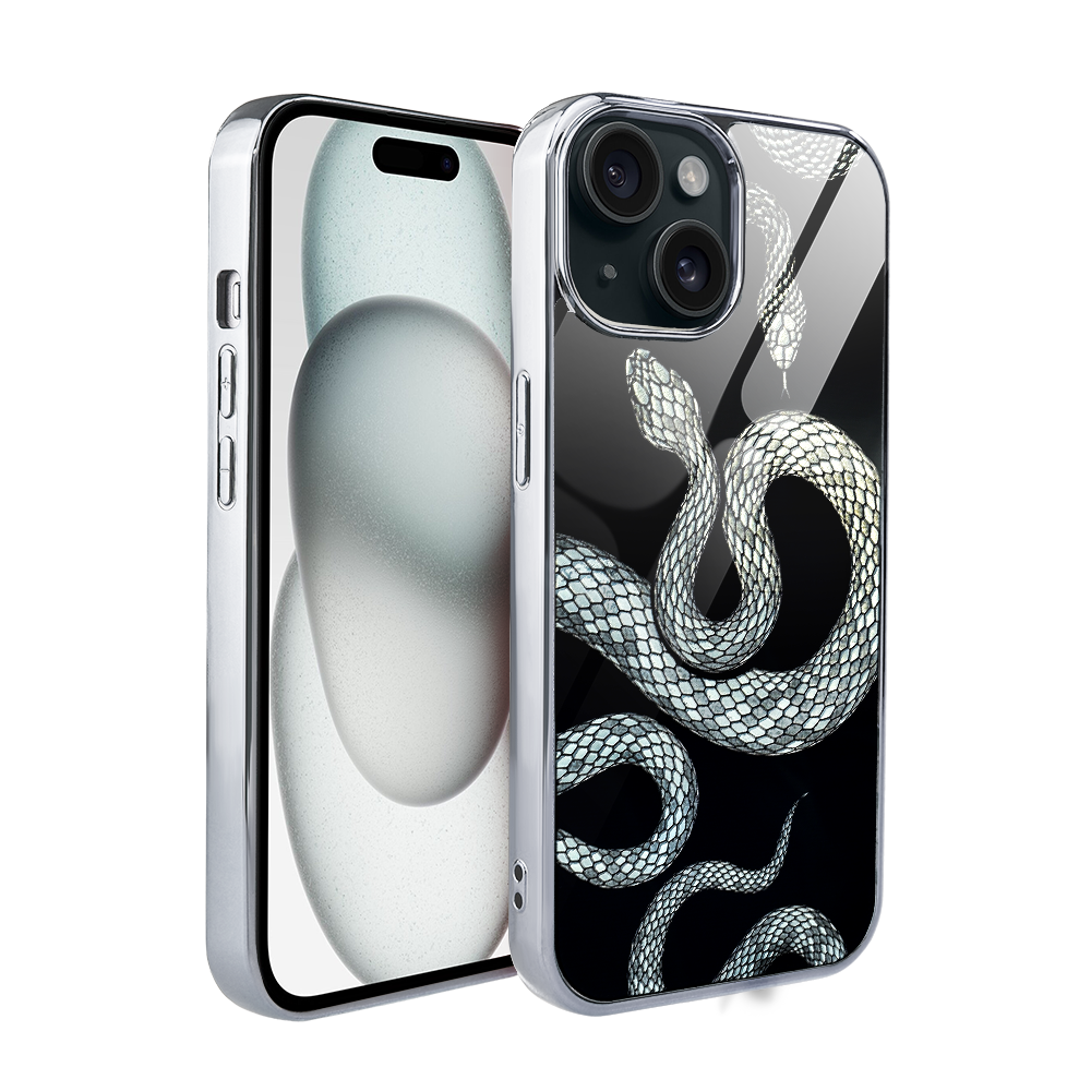 Iphone 15 Ibizu Elite Glashülle, Glasrückseite, Schlangenmuster In Silber